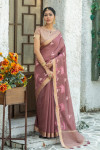 Coffee color linen cotton saree with zari weaving embroidered work