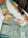 Multi color pure Linen saree with colorful temple woven zari border