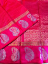 Pink color soft linen silk handloom saree with golden zari checks