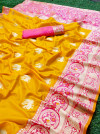 Yellow color pure banarasi silk saree with golden zari work