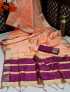 Peach color banglori silk weaving saree with zari border and pallu