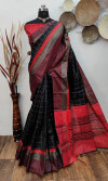 Black color raw silk weaving saree with temple woven border