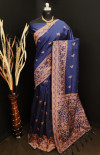 Navy blue color raw silk saree with stylish rich pallu