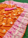 Orange color pure banarasi silk saree with golden zari work