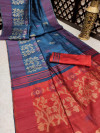 Blue color pure tussar silk jamdani weaving saree