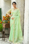 Green color linen cotton saree with zari weaving embroidered work