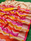 Orange and pink color banarasi silk saree with zari weaving work