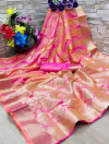 Peach color soft banarasi silk saree with zari woven work