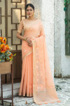 Peach color linen cotton saree with zari weaving embroidered work