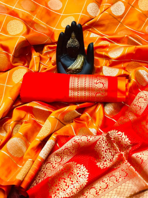 Orange color soft silk saree with silver and golden  zari work