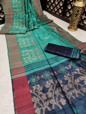 Rama green color pure tussar silk jamdani weaving saree