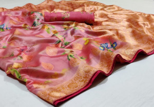 Pink color banarasi silk saree with elegant zari woven and digital printed work