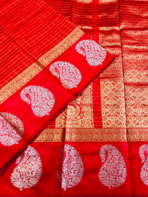 Red color soft linen silk handloom saree with golden zari checks