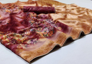 Maroon color banarasi silk saree with elegant zari woven and digital printed work