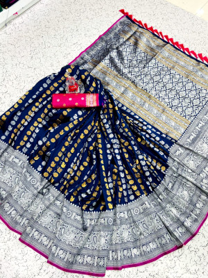 Navy blue color banarasi silk saree with silver and golden zari work
