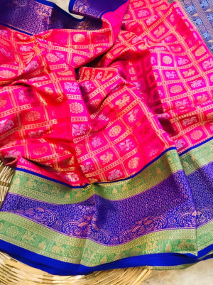 Pink color kanchipuram handloom weaving silk saree with zari work