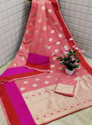 Pink color soft Cotton Jacquard work saree