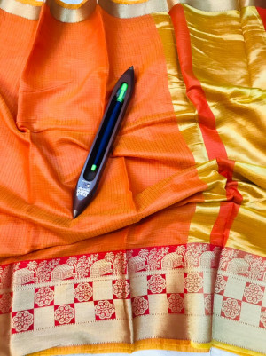 Orange color kota doriya saree with zari weaving work