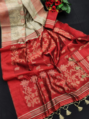 Beige color pure tussar silk jamdani weaving saree