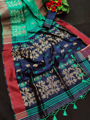 Rama green color pure tussar silk jamdani weaving saree