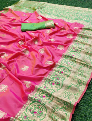 Pink color pure banarasi silk saree with golden zari work