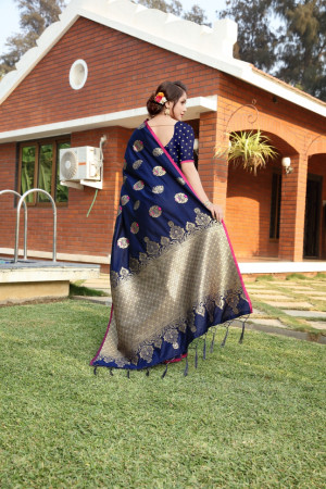 Navy blue color soft & Pure cotton silk saree with pure gold zari work