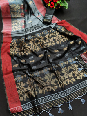 Gray color pure tussar silk jamdani weaving saree