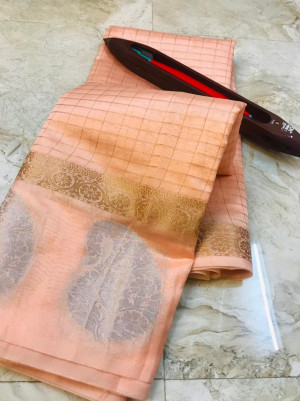 Peach color soft linen silk handloom saree with golden zari checks
