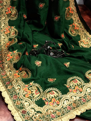 Green color vichitra silk embroidery work saree