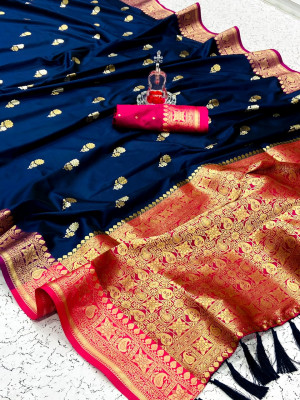 Navy blue color soft silk saree with zari weaving border and pallu
