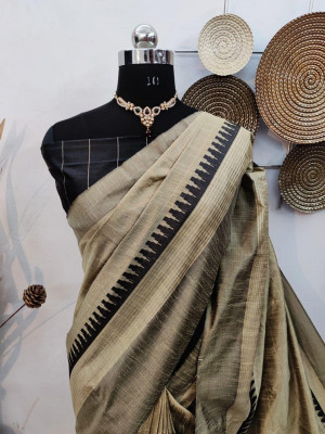 Cream color raw silk weaving saree with temple woven border