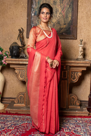 Red color pure linen saree with zari weaving work
