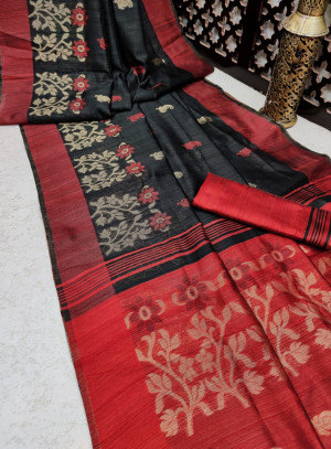 Black color pure tussar silk jamdani weaving saree