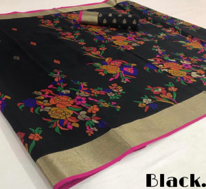 Black color pure jamdani weaving saree with zari work
