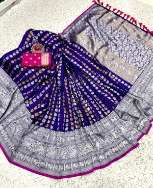 Blue color banarasi silk saree with silver and golden zari work
