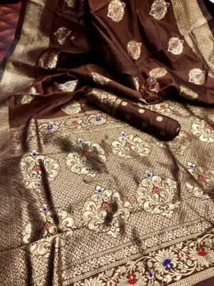 Coffee color soft banarasi silk saree with golden zari butta