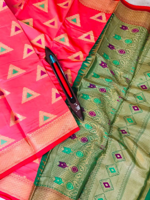 Pink color kanjivaram silk saree with zari and jacquard weaving work