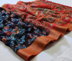 Multi color soft linen cotton saree