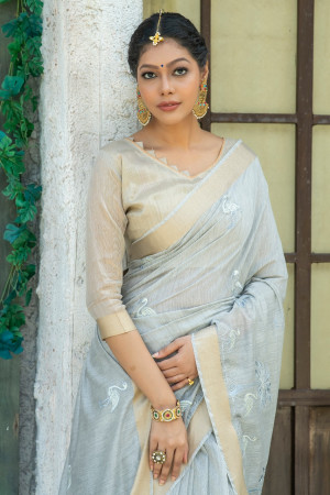 Gray color linen cotton saree with zari weaving embroidered work