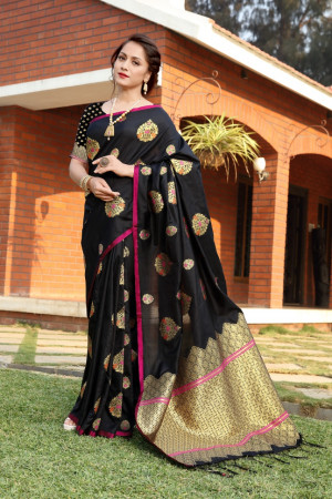 Black color soft & Pure cotton silk saree with pure gold zari work