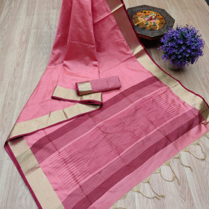 Pink color aasam silk  weaving saree with ikat woven pallu