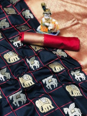 Black color soft silk saree with golden and silver zari work