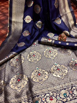 Navy blue color soft banarasi silk saree with golden zari butta