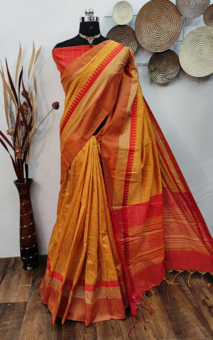 Mustard yellow color raw silk weaving saree with temple woven border