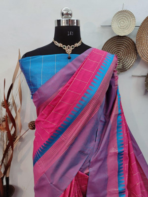 Pink color raw silk weaving saree with temple woven border
