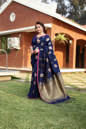 Navy blue color soft & Pure cotton silk saree with pure gold zari work