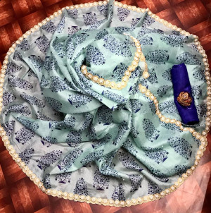 Firoji color organza silk saree with different floral digital print