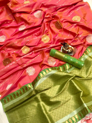Peach color soft banarasi lichi silk saree with golden and silver zari work
