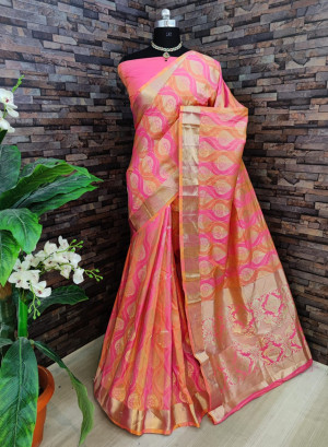 Peach color soft banarasi silk saree with golden zari work