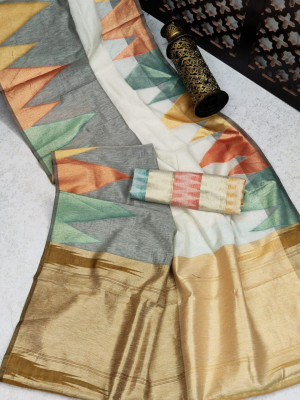 Multi color pure Linen saree with colorful temple woven zari border